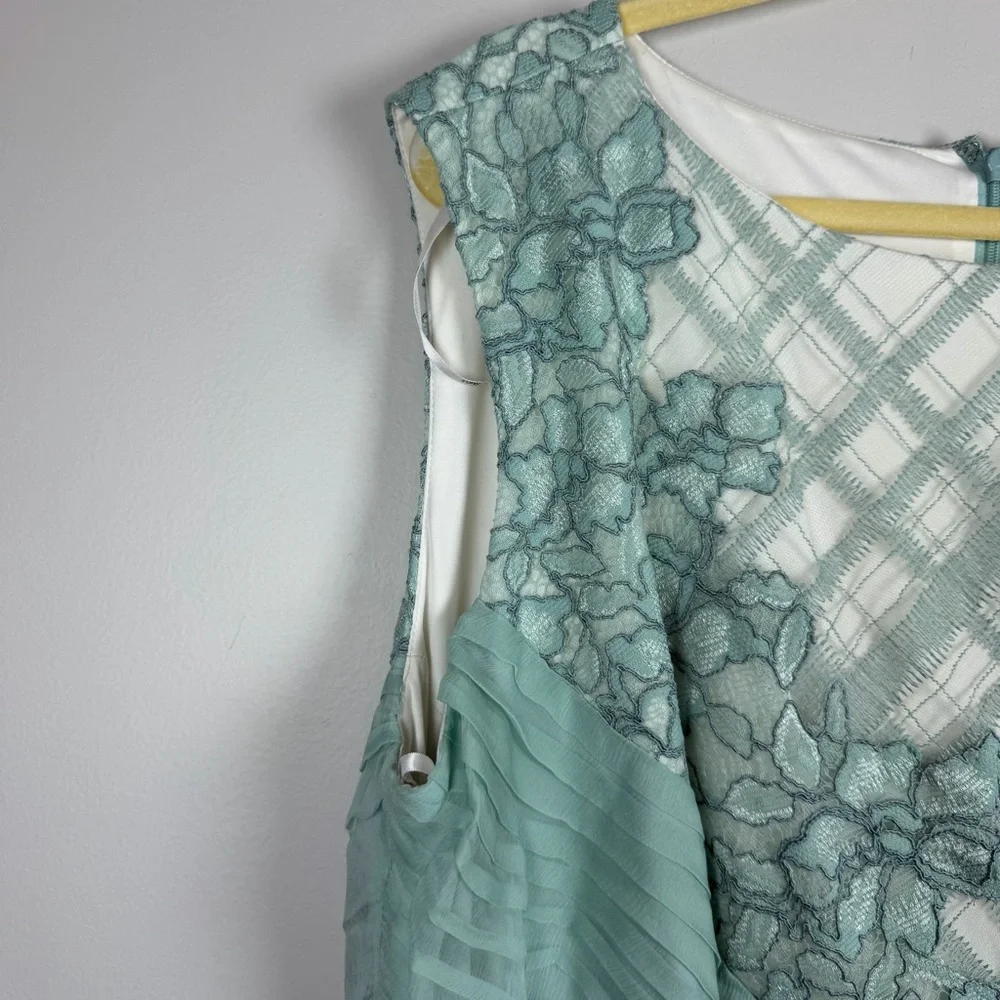Tadashi Shoji EMBROIDERED TULLE PLEATED Lace Sheath Green Mint DRESS 18Q Easter